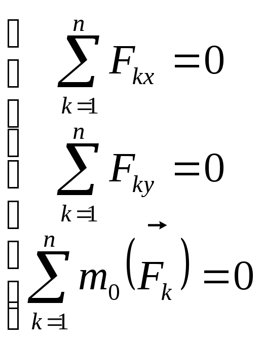 Вектор главных компонент. Уравнение равновесия. Уравнения равновесия для плоской произвольной системы сил. Условия равновесия произвольной плоской системы сил.