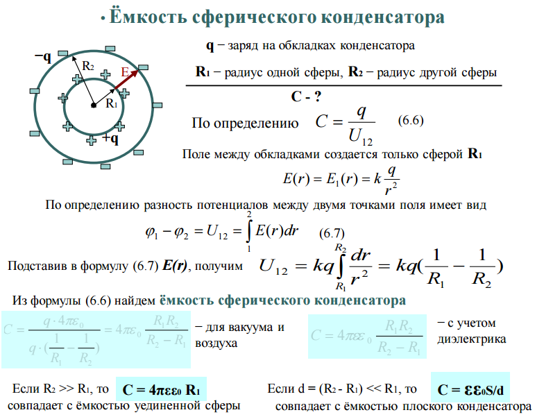 Определите заряд сферы если потенциал. Емкость сферического конденсатора формула. Напряженность сферического конденсатора формула. Электроемкость сферического конденсатора формула. Ёмкость сферического конденсатора вывод формулы.