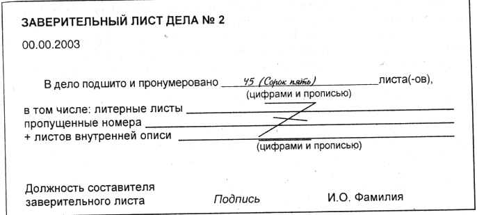 Лист заверитель дела для сдачи в архив образец