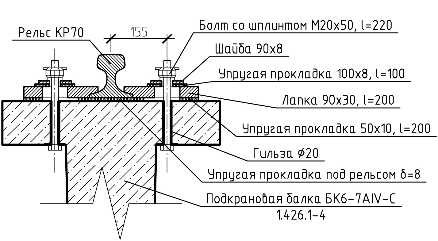 Узел крепления рельса. Крепление рельса кр70 к железобетонной балке. Узел крепления рельса кр70 к железобетонной балке. Крепление подкрановых путей чертеж. Крепление рельса к железобетонной подкрановой балке.