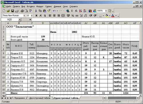 Образец табеля рабочего времени эксель