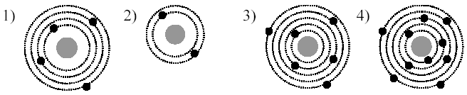 На рисунке изображены схемы четырех атомов черными