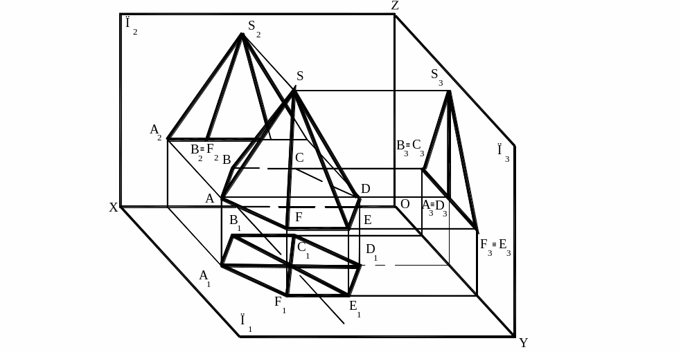 Ортогональная проекция треугольной пирамиды. Комплексный чертеж четырехгранной пирамиды. Пирамида в 3 проекциях. Комплексный чертеж шестигранной пирамиды. Проецирование пирамиды на три плоскости.