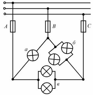 Три одинаковые лампы соединены по схеме