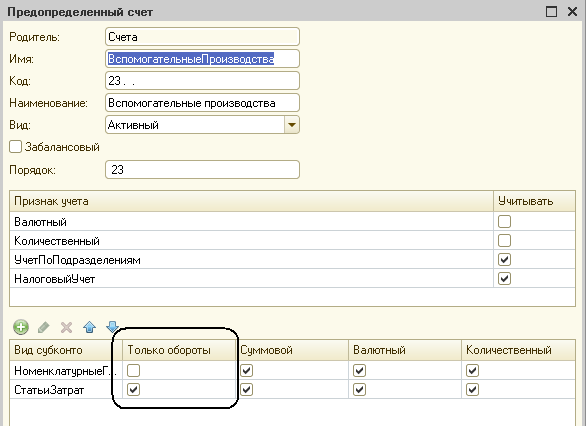 Если в плане счетов для субконто некоторого счета установлен признак только обороты то