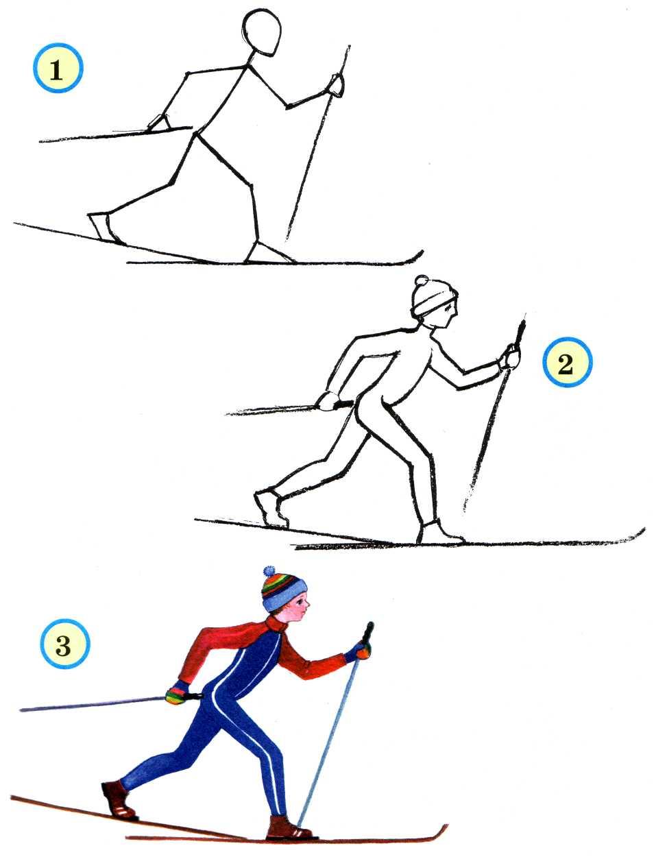 Картинка передвижение. Рисование человека в движении. Рисование фигуры человека в движении. Человек в движении рисунок поэтапно. Лыжник рисунок.
