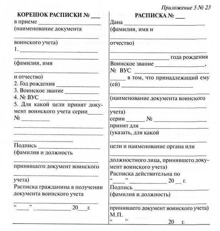 Корешок расписки в приеме военного билета образец заполнения 2022