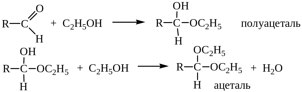 Реакция образования этилового спирта. Реакция взаимодействия альдегидов со спиртами. Реакция присоединения спиртов к альдегидам. Получение ацеталей из альдегидов. Полуацеталя из этилового спирта.
