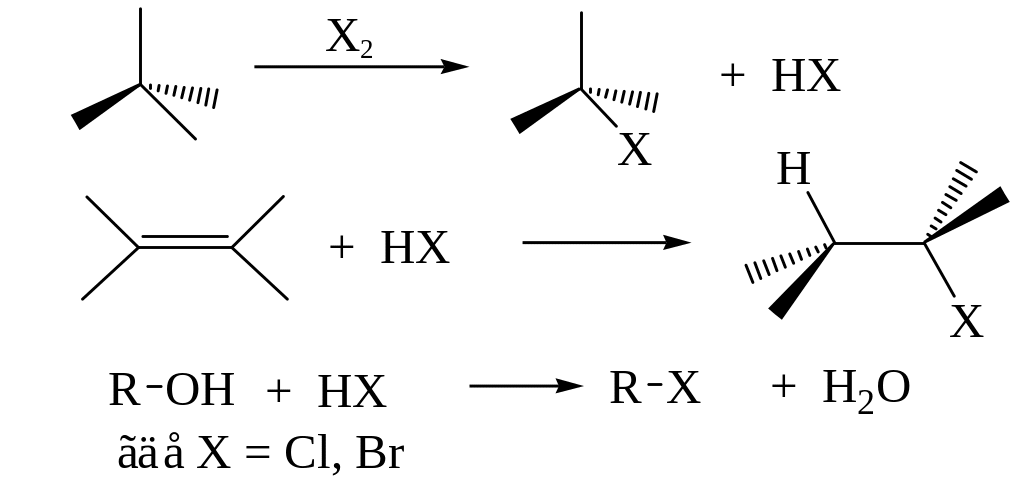 Замещение гидроксильной группы. Пространственная изомерия. Галогензамещенные кислоты. Галогеноводородные кислоты. Схема реакции спирта с галогеноводородной кислотой.