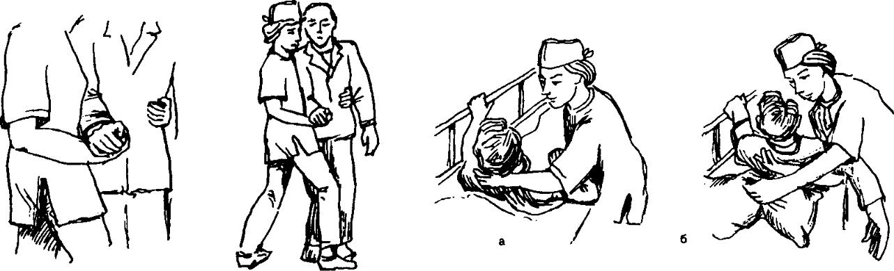 Рассмотрите рисунок иллюстрирующий прием первой помощи. Ведение пациента с поддержкой сбоку. Поддерживание пациента при ходьбе (выполняется одной сестрой). Поддерживание пациента при ходьбе. Зарисовка захватов перемещения пациентов.