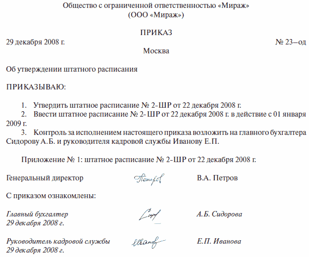 Приказ об изменении и утверждении штатного расписания образец