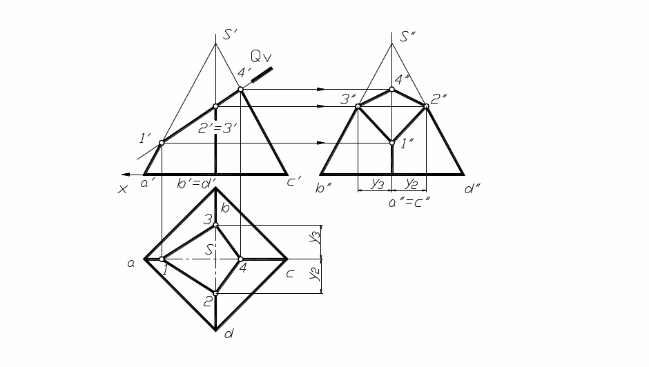 Сечение четырехугольной пирамиды черчение. Усеченная пирамида Начертательная геометрия. Сечение пирамиды проецирующей плоскостью. Начертательная геометрия проекция пирамиды.