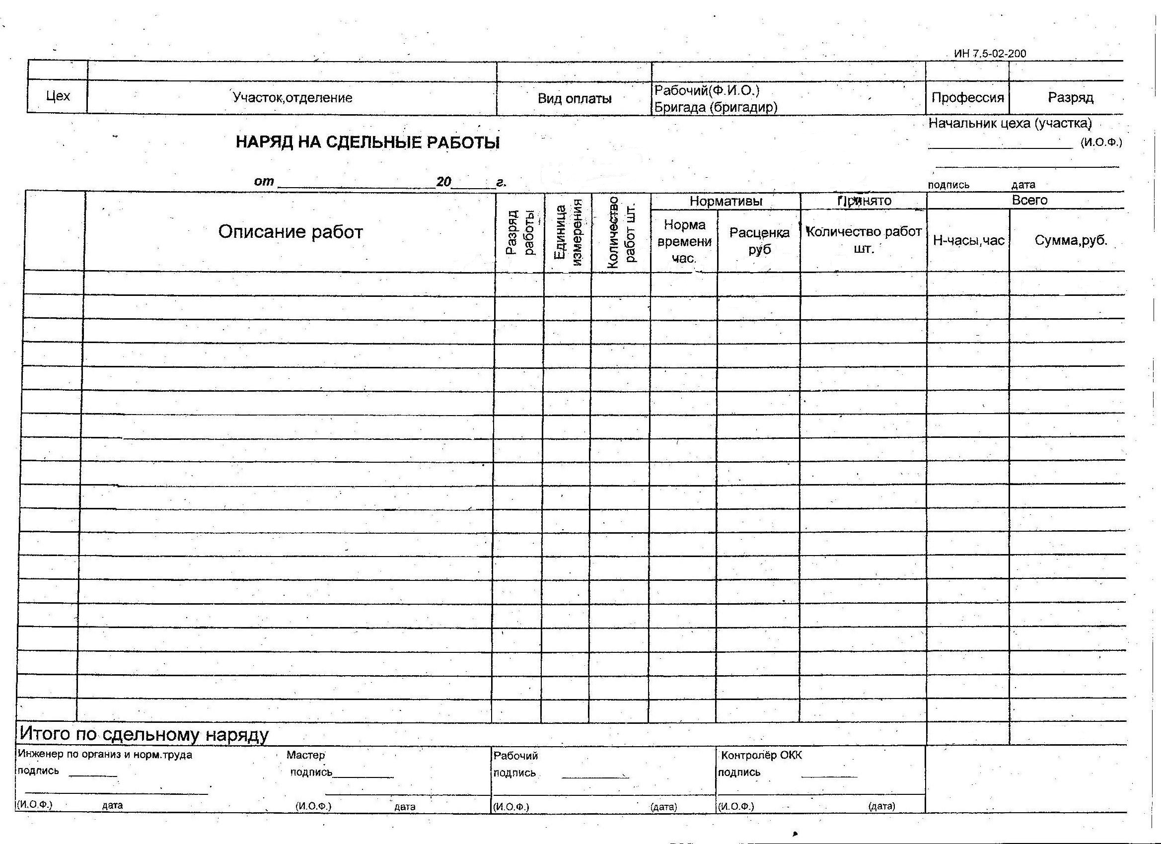 Форма наряд задание на сдельную работу