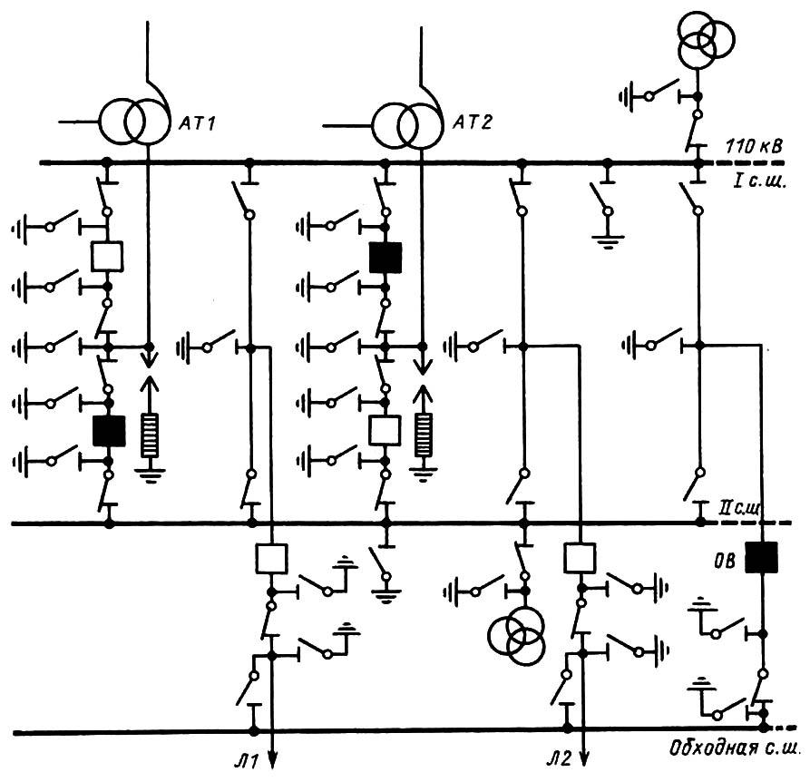 Схема 13н две рабочие и обходная системы шин