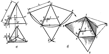 Построение чертежа развертки поверхностей пирамиды рис 142