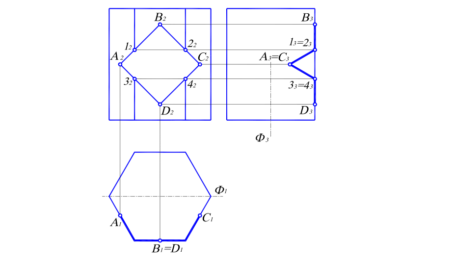 Построить 9 карту. Принадлежность линии и точки поверхности Призмы. Точки на гранной поверхности. Принадлежность точек к поверхности Призмы. Точки и линии на поверхности прямой треугольной Призмы.