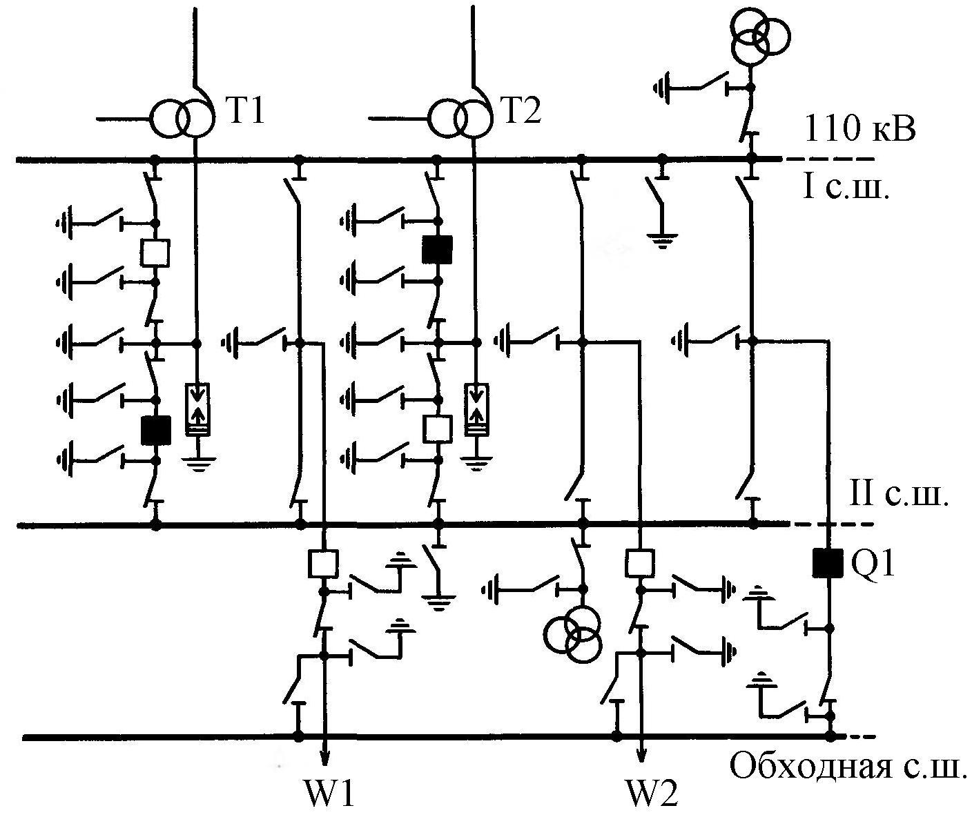Рис 4 схема. Обходная система шин 110 что это. Шиносоединительный выключатель 110 кв. Обходной выключатель 110 кв на схеме. Схема с двумя системами шин с шиносоединительным выключателем.