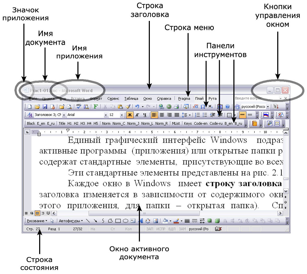 Элементы окон приложений