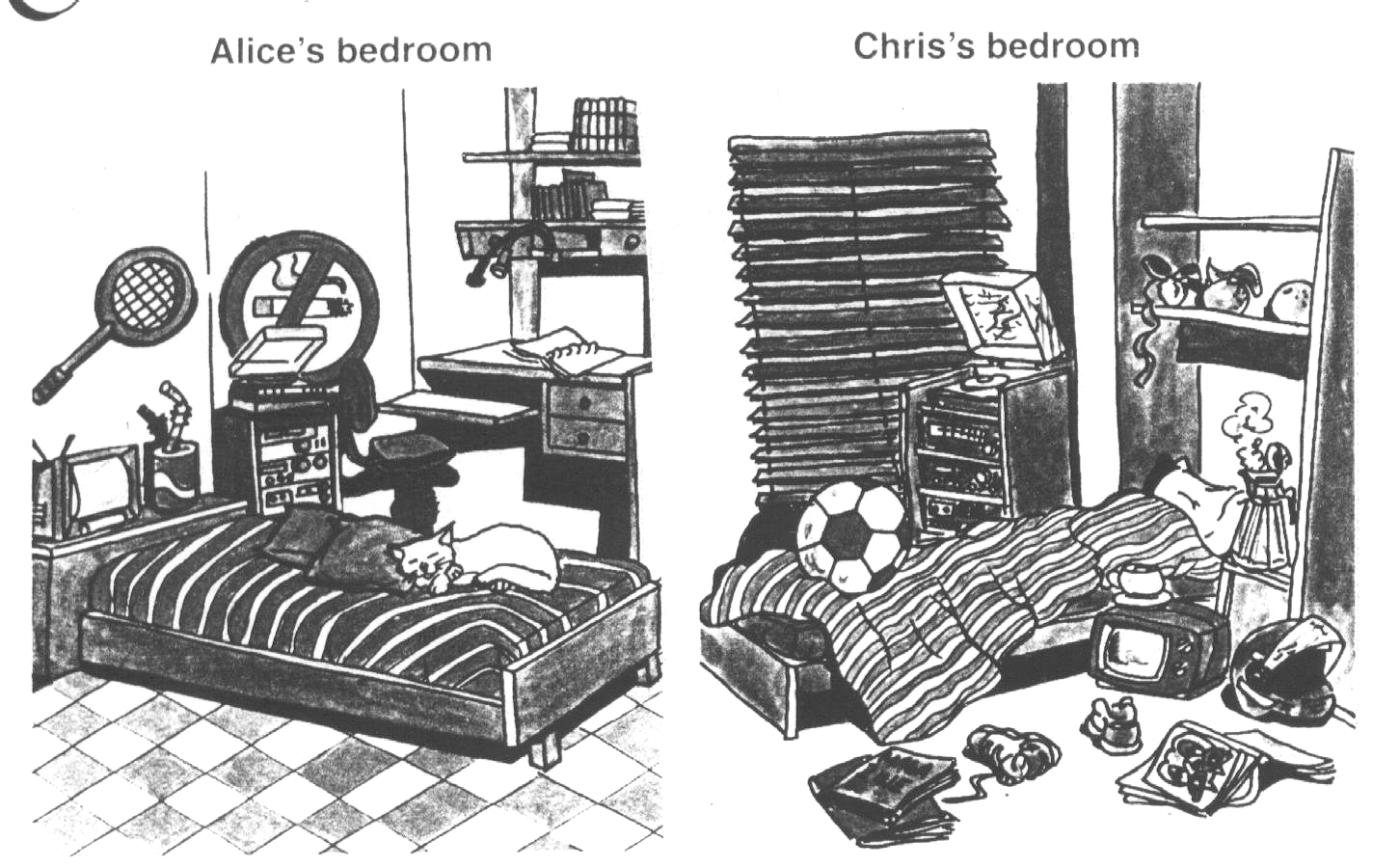 Tidies his room. Look at the pictures ask and answer as in the example. Alice's Bedroom. Look at the pictures and answer the questions. Look at the picture and ask and answer questions as in the example.