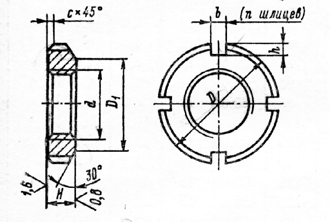 Гайка круглая шлицевая чертеж