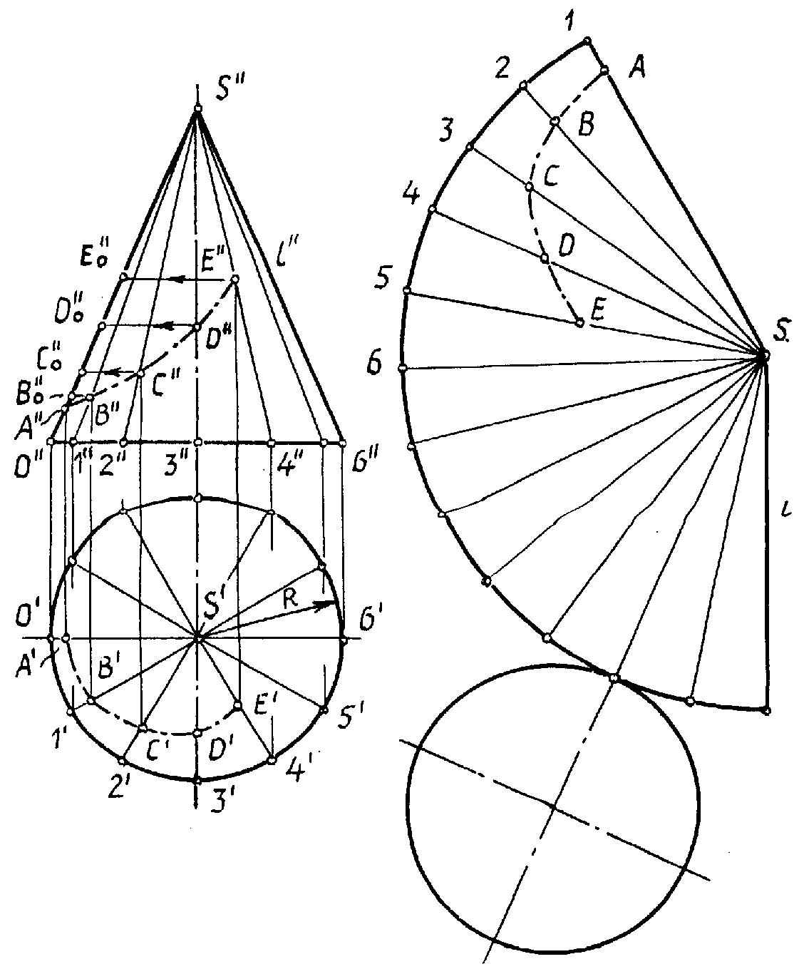Развертка боковой. Развёртка конуса Начертательная геометрия. Как строится развертка конуса. Построить развертку поверхности конуса. Построение развертки усеченного конуса Начертательная геометрия.