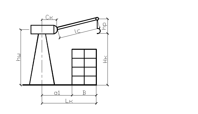 Расстояние от оси вращения крана до оси шарнира пяты стрелы