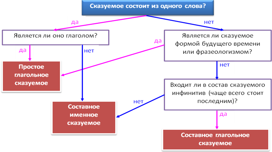 Начал сказуемое. Алгоритм определения типа сказуемого. Алгоритм определения вида сказуемого. Тип сказуемого в предложении. Типы сказуемых в русском языке таблица.