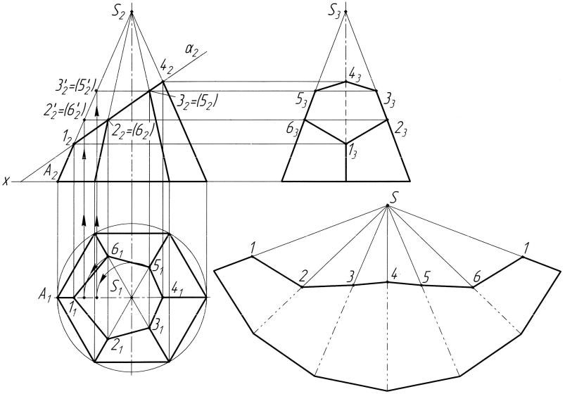 Сечение поверхности и пирамиды. Развертка шестиугольной пирамиды чертеж. Комплексный чертеж шестигранной пирамиды. Шестиугольная пирамида сбоку. Усеченная шестиугольная пирамида.