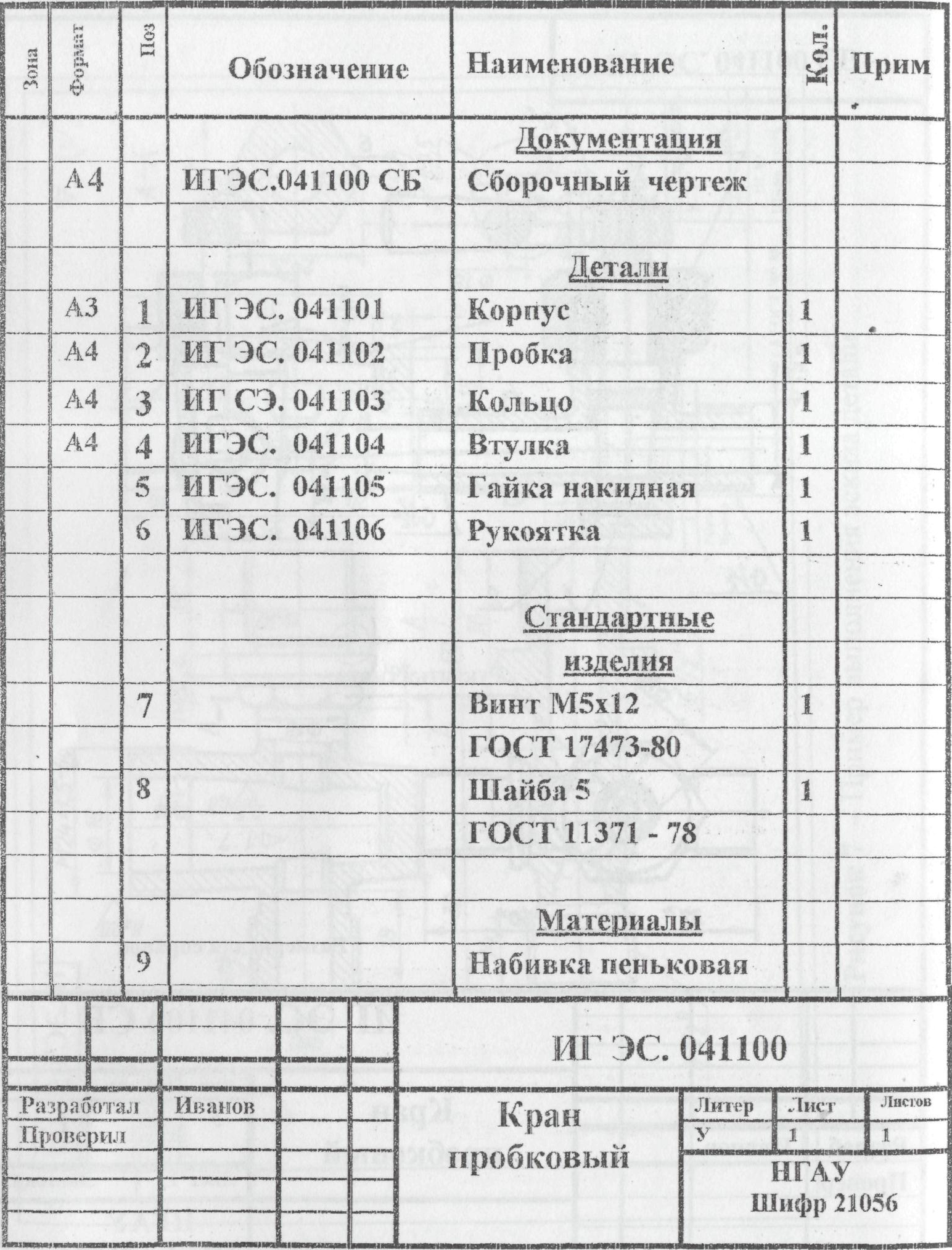 Спецификация деталей