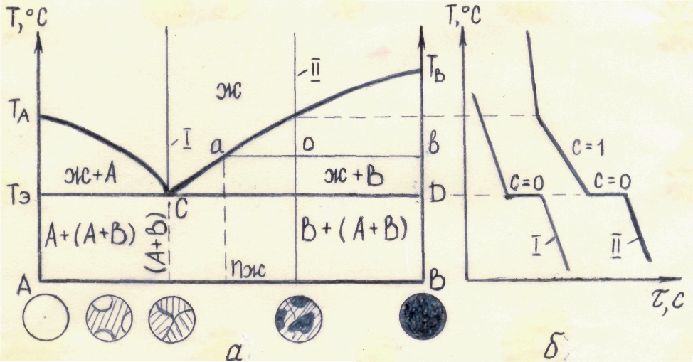 Кривая диаграммы состояния. Кривые охлаждения эвтектического сплава. Диаграмма состояния сплавов образующих механические смеси. Кривая охлаждения заэвтектического сплава. Построение кривых охлаждения сплавов.