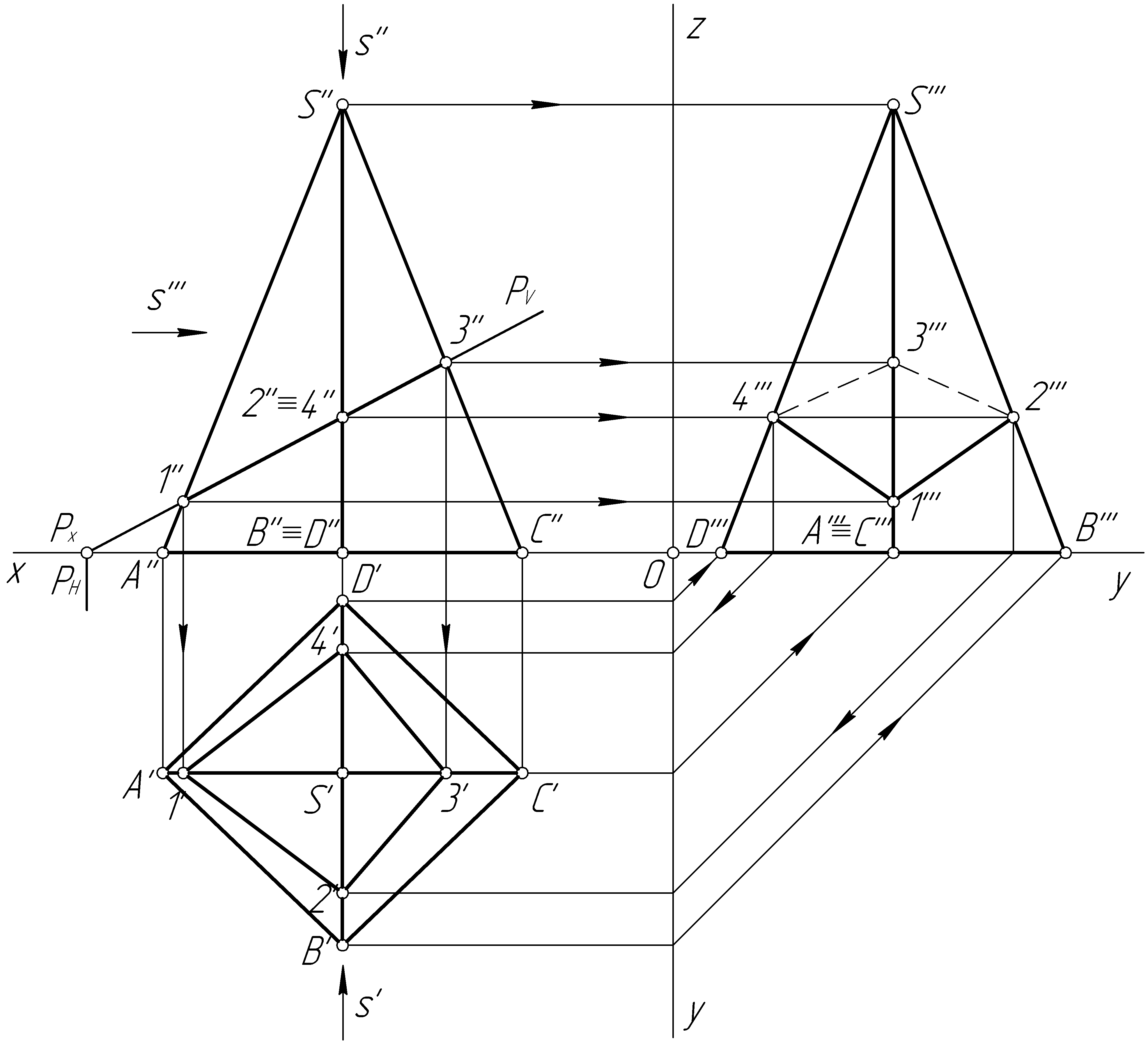 Сечение поверхности плоскостью пирамиды. Пересечение пирамиды проецирующей плоскостью. Начертательная геометрия проекция пирамиды. Аксонометрическая проекция пирамиды. Усечённая четырёхгранная пирамида.