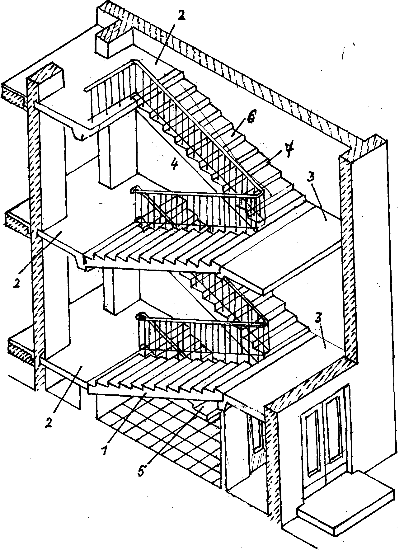 В многоэтажном доме между этажами одинаковое. Двухмаршевая лестничная клетка. Эвакуационная лестница аксонометрия. Поперечный разрез лестничной клетки. Рассечка лестничной клетки.