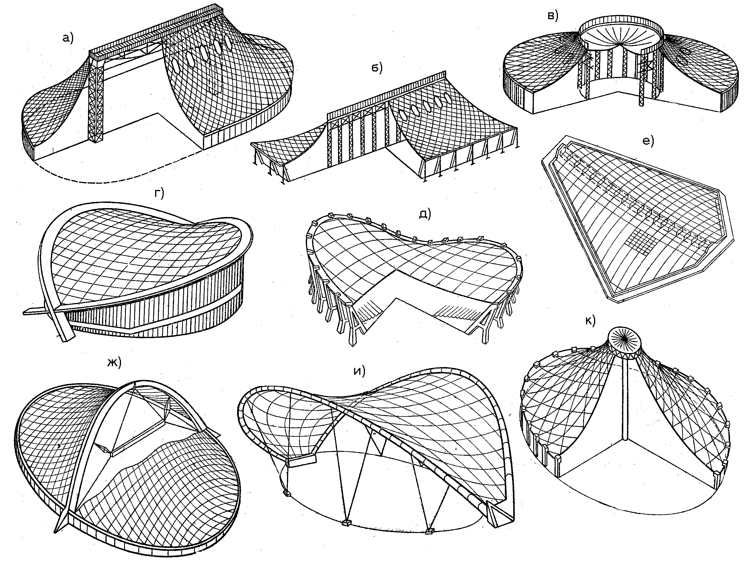 Различных конструкций. Сетчатые оболочки Шухова. Двухпоясные висячие конструкции. Однопоясные вантовые конструкции. Висячие покрытия Шухова.