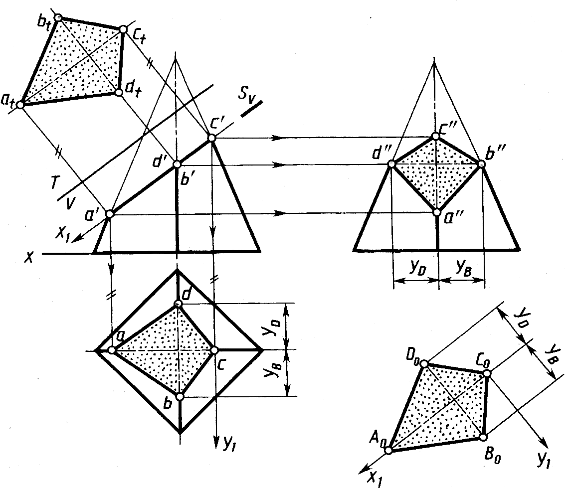 Сечение поверхности плоскостью пирамиды. Сечение многогранника плоскостью Начертательная геометрия. Сечение пирамиды плоскостью Инженерная Графика. Сечение пирамиды плоскостью чертеж. Черчение сечение пирамиды плоскостью.