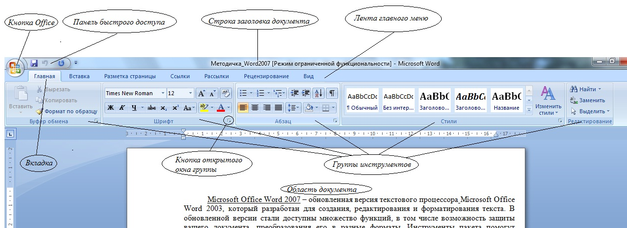 Какие крупные строки. Интерфейс окна MS Word 2010. Структура окна текстового процессора Word. Интерфейс текстового редактора MS Word. Элементы окна ворд 2010.