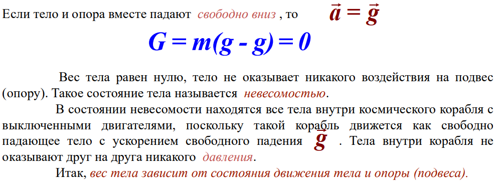 Выберите примеры где тело испытывает состояние невесомости при каких условиях тело находиться в состоянии невесомости