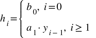 h subscript i equals open curly brackets table row cell b subscript 0 comma space i equals 0 end cell row cell a subscript 1 times y subscript i minus 1 end subscript comma space i greater or equal than 1 end cell end table close