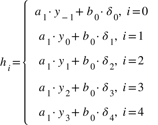 h subscript i equals open curly brackets table row cell table row cell a subscript 1 times y subscript negative 1 end subscript plus b subscript 0 times delta subscript 0 comma space i equals 0 end cell row cell a subscript 1 times y subscript 0 plus b subscript 0 times delta subscript 1 comma space i equals 1 end cell row cell a subscript 1 times y subscript 1 plus b subscript 0 times delta subscript 2 comma space i equals 2 end cell end table end cell row cell a subscript 1 times y subscript 2 plus b subscript 0 times delta subscript 3 comma space i equals 3 end cell row cell a subscript 1 times y subscript 3 plus b subscript 0 times delta subscript 4 comma space i equals 4 end cell end table close